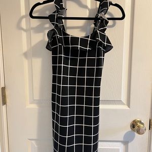 black, white, stripes, ruffle, mini dress, AQUA